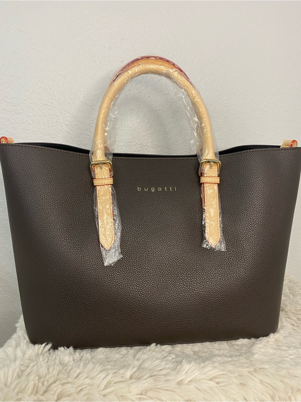 Bugatti Dark Brown Tote with Cream Handles